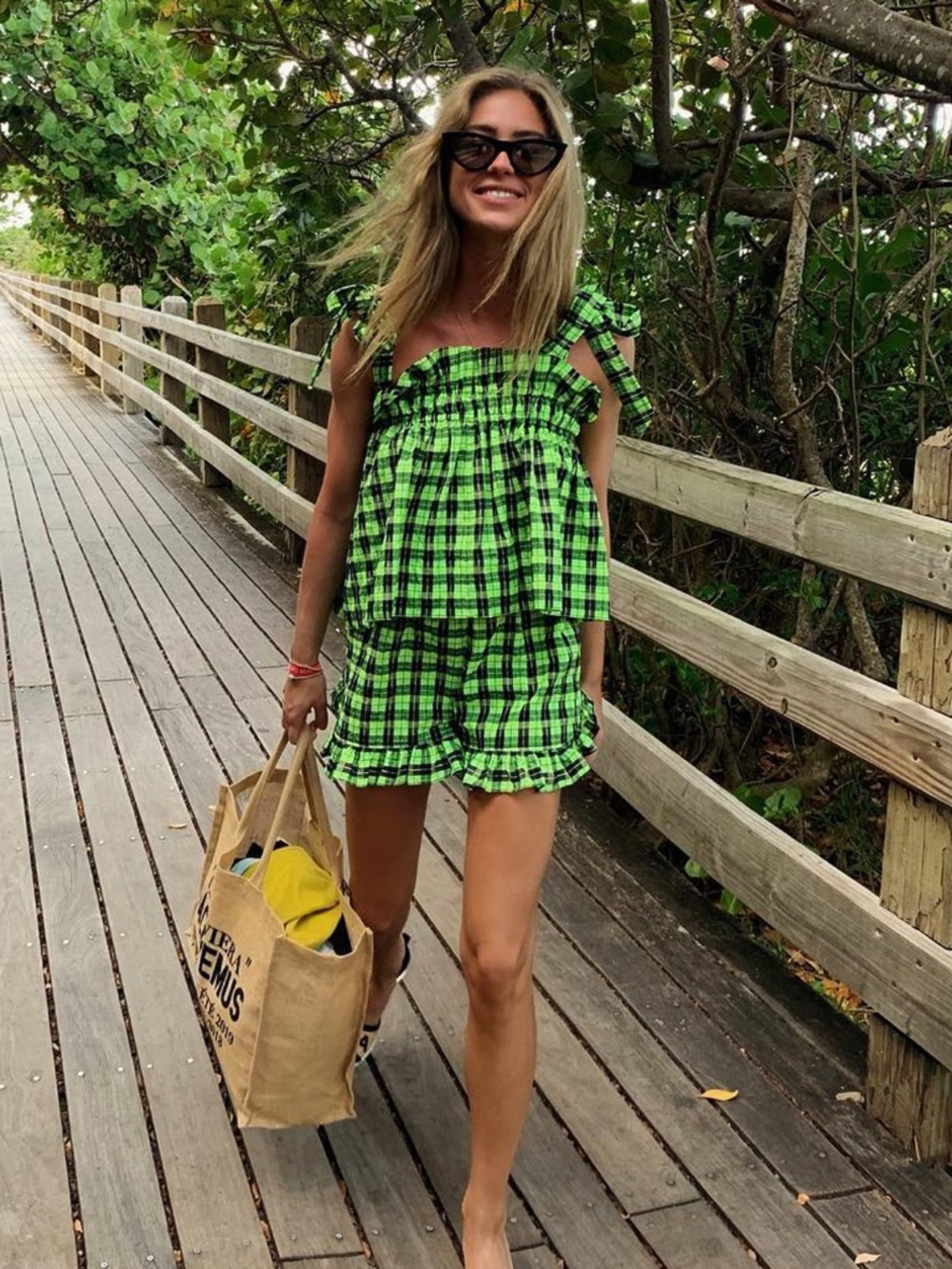 Ganni Green Plaid Checker Seersucker Sleeveless Top
